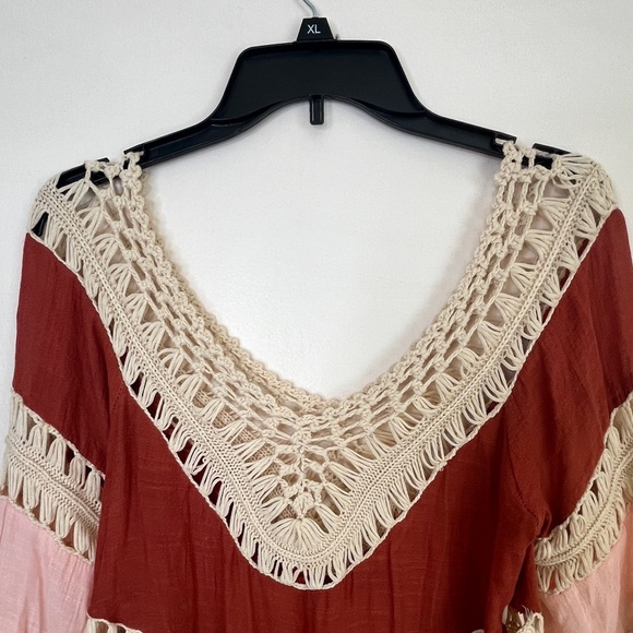 Boho Colorblock Tunic Top Crochet V-Neck Flowy Beach Women's - Picture 9 of 15